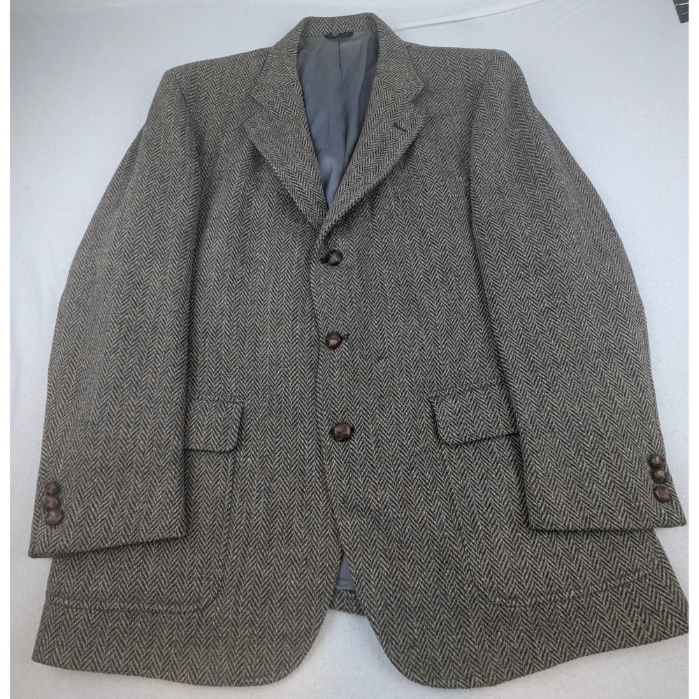 Corbin Ltd Tweed Wool Men Herringbone Sport Coat Blazer Gray Brown USA Lrg Vtg